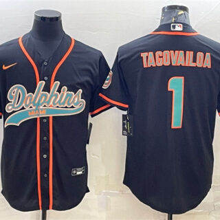 Men's Miami Dolphins #1 Tua Tagovailoa Black With Patch Cool Base Stitched Baseball Jersey