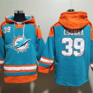 Men's Miami Dolphins #39 Larry Csonka Aqua Lace-Up Pullover Hoodie