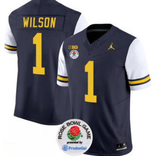 Men's Michigan Wolverines #1 Roman Wilson 2023 F.U.S.E. Navy White Rose Bowl Patch Stitched Jersey