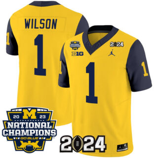 Men's Michigan Wolverines #1 Roman Wilson Yellow Navy 2024 F.U.S.E. With 2023 National Champions Patch Stitched Jersey