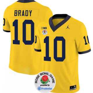 Men's Michigan Wolverines #10 Tom Brady 2023 F.U.S.E. Yellow Rose Bowl Patch Stitched Jersey