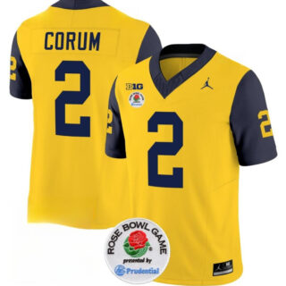 Men's Michigan Wolverines #2 Blake Corum 2023 F.U.S.E. Yellow Navy Rose Bowl Patch Stitched Jersey