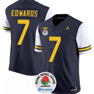 Men's Michigan Wolverines #7 Donovan Edwards 2023 F.U.S.E. Navy White Rose Bowl Patch Stitched Jersey