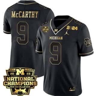 Men's Michigan Wolverines #9 J.J. McCarthy Black Gold Edition 2024 CFP National Champions Patch Stitched Jersey