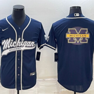Men's Michigan Wolverines Navy Team Big Logo With Patch Cool Base Stitched Baseball Jersey
