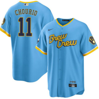 Men's Milwaukee Brewers #11 Jackson Chourio Powder Blue City Connect Cool Base Stitched Jersey