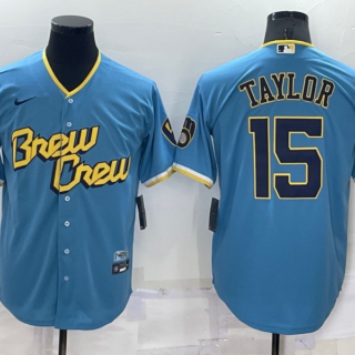 Men's Milwaukee Brewers #15 Tyrone Taylor 2022 Powder Blue City Connect Cool Base Stitched Jersey