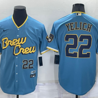 Men's Milwaukee Brewers #22 Christian Yelich 2022 Powder Blue City Connect Cool Base Stitched Jersey