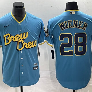 Men's Milwaukee Brewers #28 Joey Wiemer 2022 Powder Blue City Connect Cool Base Stitched Jersey