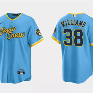 Men's Milwaukee Brewers #38 Devin Williams Powder Blue 2022 City Connect Cool Base Stitched Jersey