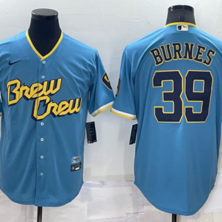 Men's Milwaukee Brewers #39 Corbin Burnes 2022 Powder Blue City Connect Cool Base Stitched Jersey