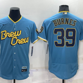 Men's Milwaukee Brewers #39 Corbin Burnes 2022 Powder Blue City Connect Flex Base Stitched Jersey