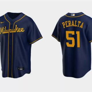 Men's Milwaukee Brewers #51 Freddy Peralta Navy Cool Base Stitched Jersey