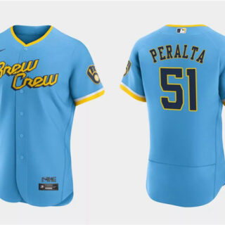 Men's Milwaukee Brewers #51 Freddy Peralta Powder Blue 2022 City Connect Flex Base Stitched MLB Jersey