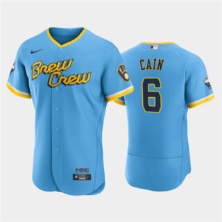 Men's Milwaukee Brewers #6 Lorenzo Cain Powder Blue 2022 City Connect Flex Base Stitched MLB Jersey