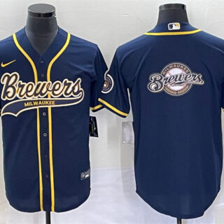 Men's Milwaukee Brewers Navy Team Big Logo Cool Base Stitched Jersey