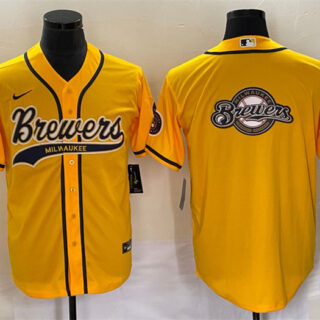 Men's Milwaukee Brewers Yellow Team Big Logo Cool Base Stitched Jersey