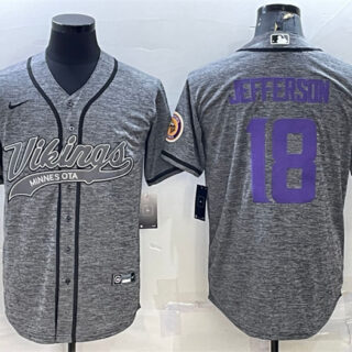 Men's Minnesota Vikings #18 Justin Jefferson Grey With Patch Cool Base Stitched Baseball Jersey