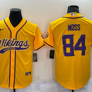 Men's Minnesota Vikings #84 Randy Moss Gold With Patch Cool Base Stitched Baseball Jersey
