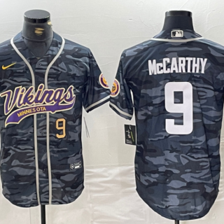 Men's Minnesota Vikings #9 J.J. McCarthy Grey Camo Cool Base Stitched Baseball Jerseys