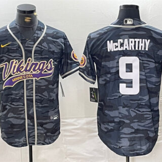 Men's Minnesota Vikings #9 J.J. McCarthy Grey Camo Cool Base Stitched Baseball Jersey