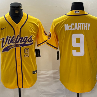 Men's Minnesota Vikings #9 J.J. McCarthy Yellow Cool Base Stitched Baseball Jerseys