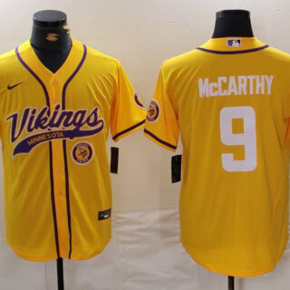 Men's Minnesota Vikings #9 J.J. McCarthy Yellow Cool Base Stitched Baseball Jerseys