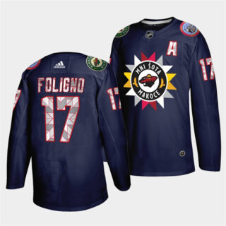 Men's Minnesota Wild #17 Marcus Foligno 2021 22 Navy Native American Heritage Day Stitched Jersey
