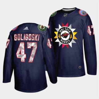 Men's Minnesota Wild #47 Alex Goligoski 2021 22 Navy Native American Heritage Day Stitched Jersey