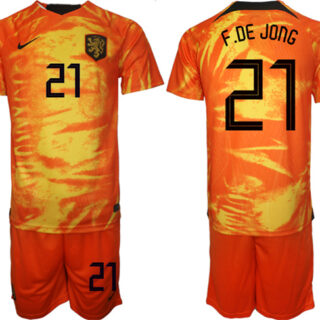 Men's Netherlands #21 F. De Jong Orange Home Soccer Jersey Suit
