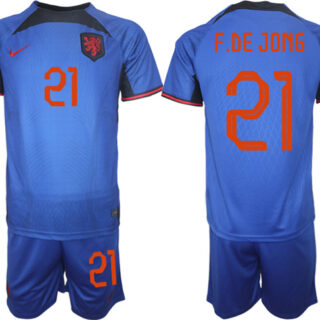 Men's Netherlands #21 F. De Jong Royal Away Soccer Jersey Suit