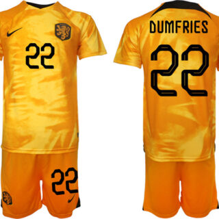 Men's Netherlands #22 Dumfries Orange Home Soccer Jersey Suit