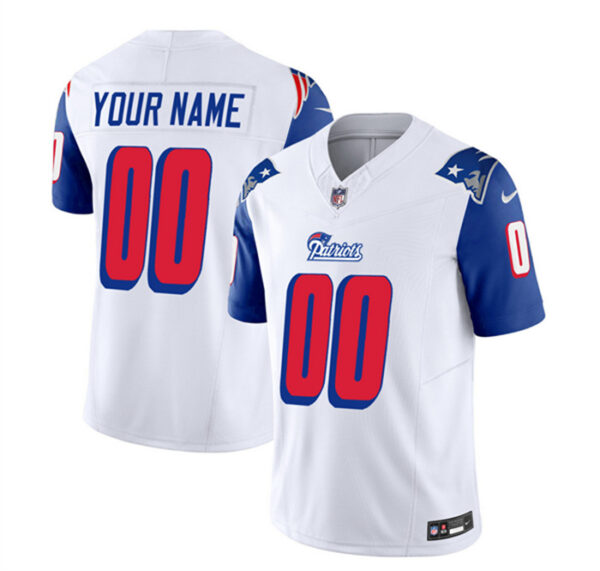 Men's New England Patriots Active Player Custom White Blue 2023 F.U.S.E. Throwback Limited Stitched Football Jersey