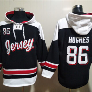 Men's New Jersey Devils #86 Jack Hughes Black White Ageless Must-Have Lace-Up Pullover Hoodie