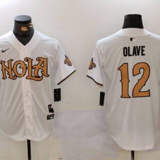 Men's New Orleans Saints #12 Chris Olave White Cool Base Stitched Baseball Jersey