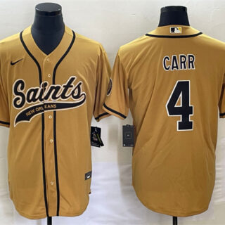Men's New Orleans Saints #4 Derek Carr Gold With Patch Cool Base Stitched Baseball Jersey