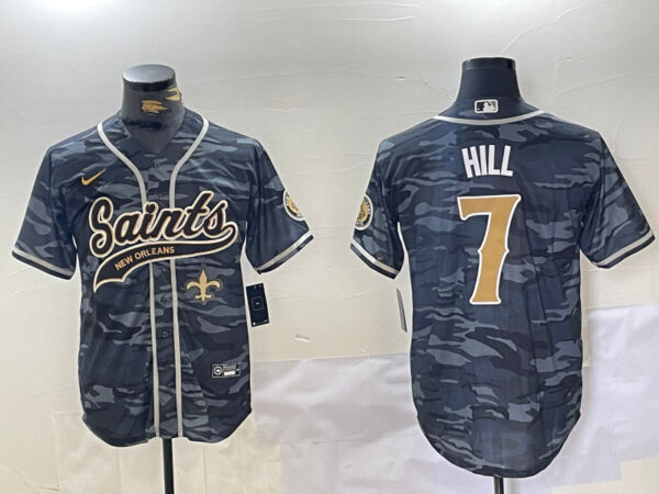 Men's New Orleans Saints #7 Taysom Hill Grey Camo With Patch Cool Base Stitched Baseball Jerseys