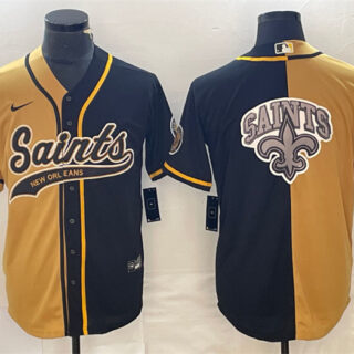 Men's New Orleans Saints Black Gold Split Team Big Logo Cool Base Stitched Baseball Jersey