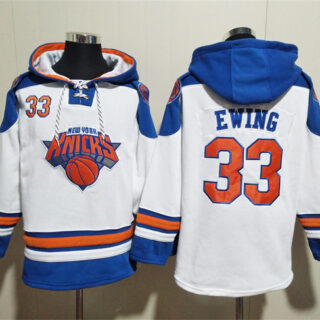 Men's New Yok Knicks #33 Patrick Ewing White Lace-Up Pullover Hoodie