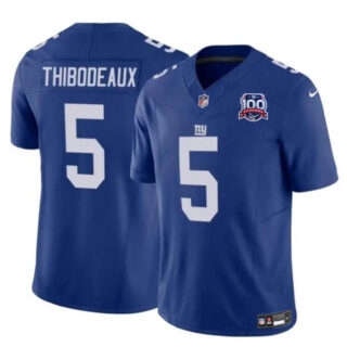 Men's New York Giants #5 Kayvon Thibodeaux Blue 2024 F.U.S.E. 100TH Season Patch Vapor Untouchable Limited Stitched Jersey