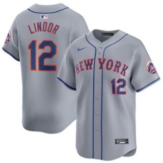 Men's New York Mets #12 Francisco Lindor Grey 2024 Away Limited Stitched Baseball Jersey