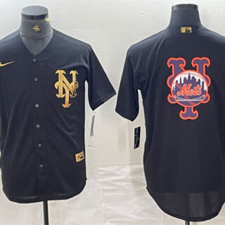 Men's New York Mets Black Team Big Logo Cool Base Stitched Baseball Jersey 3