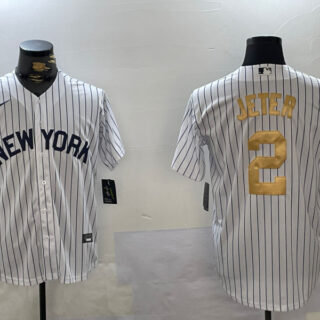Men's New York Yankees #2 Derek Jeter White Pinstripe Fashion Cool Base Jerseys