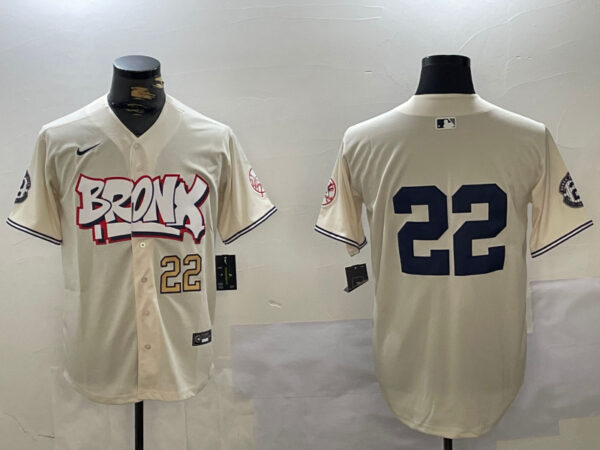 Men's New York Yankees #22 Juan Soto Cream Bronx Graffiti V2 Vapor Limited Stitched Baseball Jerseys