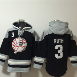 Men's New York Yankees #3 Babe Ruth Black Grey Ageless Must-Have Lace-Up Pullover Hoodie