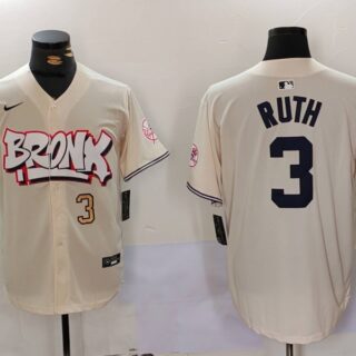 Men's New York Yankees #3 Babe Ruth Cream The Bronx Graffiti V2 Vapor Limited Stitched Baseball Jerseys