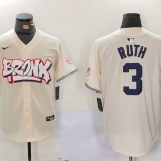 Men's New York Yankees #3 Babe Ruth Cream The Bronx Graffiti V2 Vapor Limited Stitched Baseball Jerseys