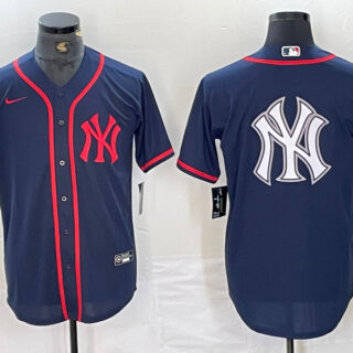 Men's New York Yankees Big LOGO Navy Cool Base Stitched Baseball Jersey