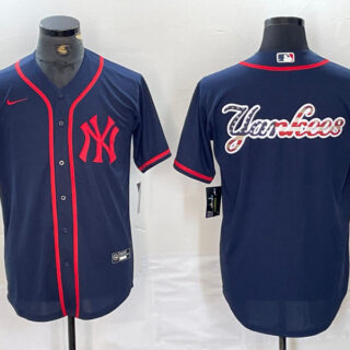 Men's New York Yankees Big LOGO Navy Cool Base Stitched Baseball Jersey