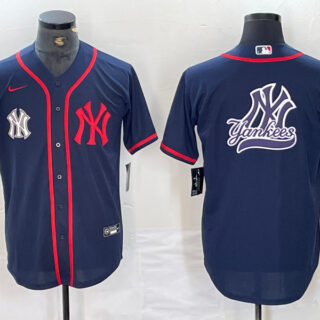 Men's New York Yankees Big LOGO Navy Cool Base Stitched Baseball Jersey